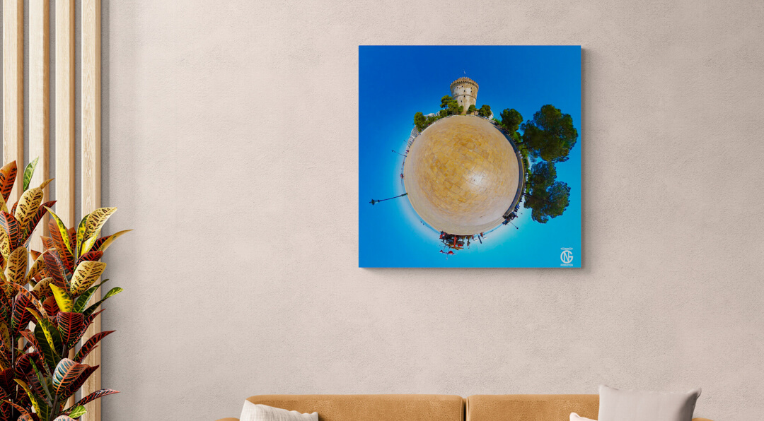 White Tower, Thessaloniki - day tiny-planet 360° canvas: sunlit promenade meets Aegean-blue sky. Handmade in Greece. 