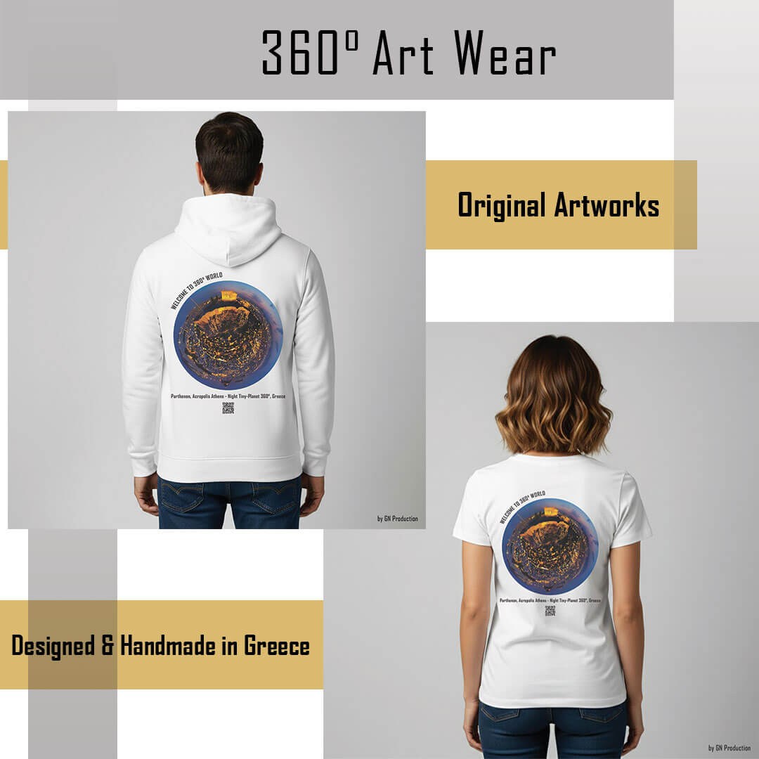 360° Art Wear with Parthenon Acropolis night tiny-planet design on hoodie and T-shirt, Designed & Handmade in Greece.