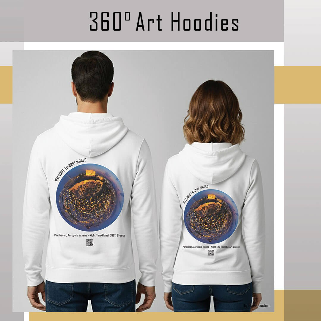 360° art hoodies with tiny-planet 360° Acropolis night artwork, white hoodies worn by man and woman back view.