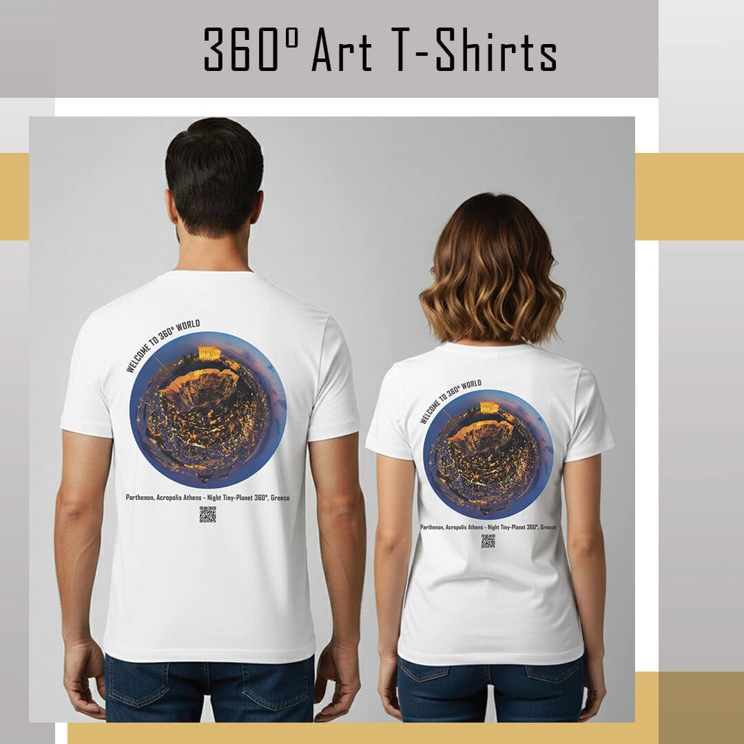 360° Art T-Shirts featuring Parthenon Acropolis night tiny-planet design, Designed & Handmade in Greece.