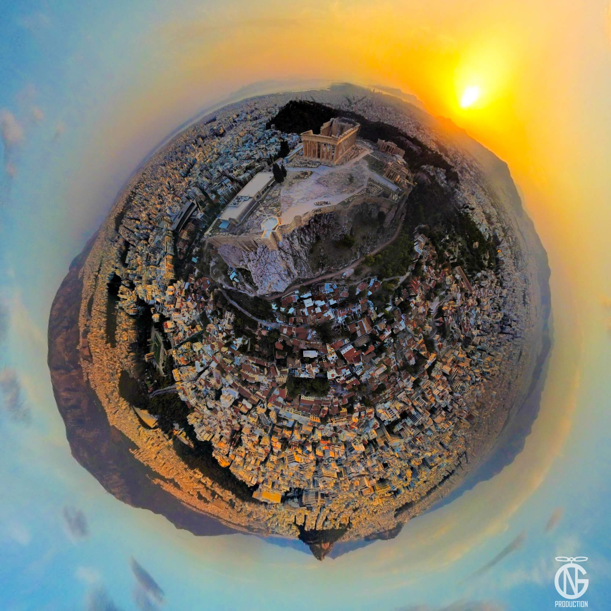 Acropolis of Athens | Anniversary Tiny-Planet 360° Sunset Shot Canvas | Handmade in Greece
