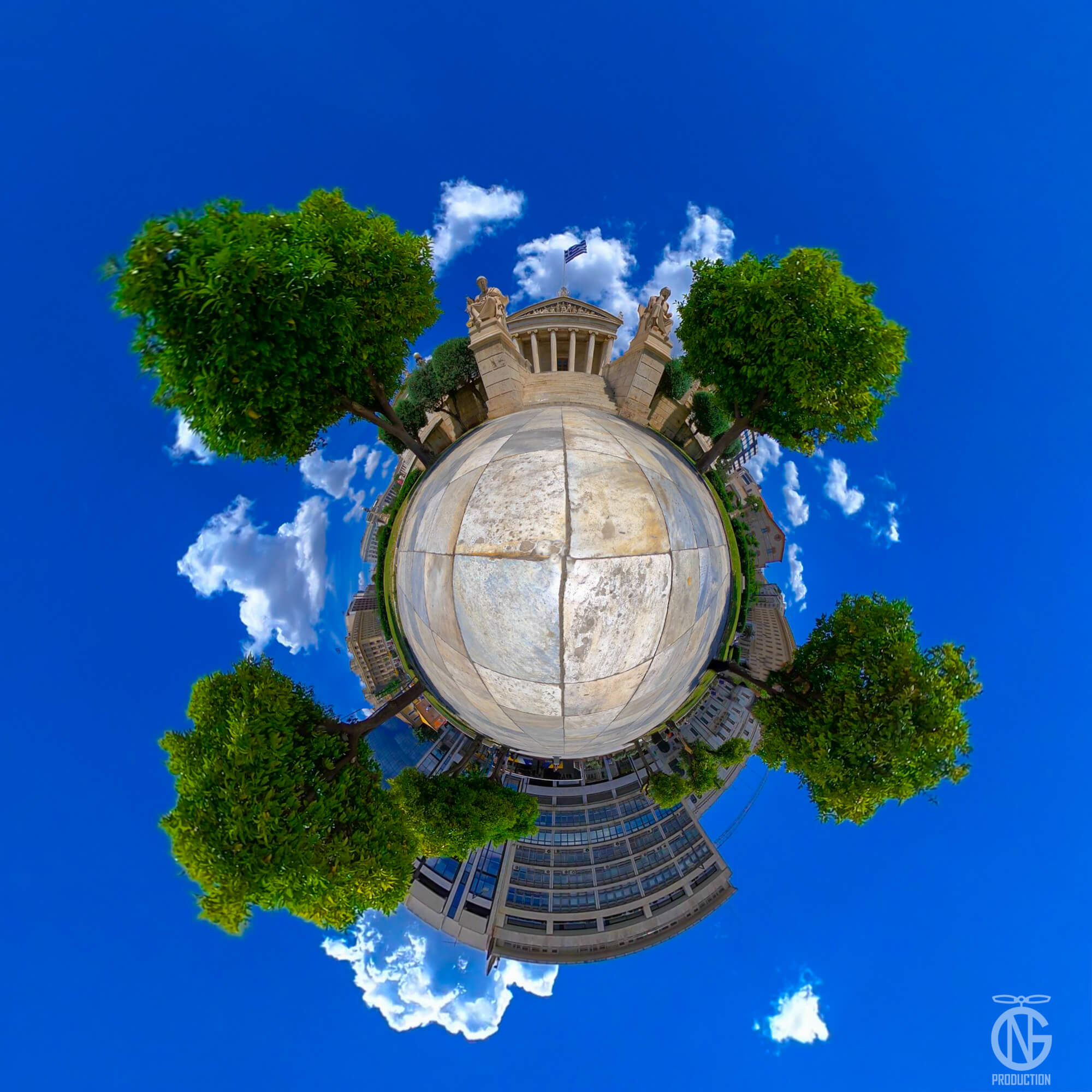 Tiny-planet 360° view of the Academy of Athens on Akadimias Street—neoclassical columns/pediments forming an urban ring.