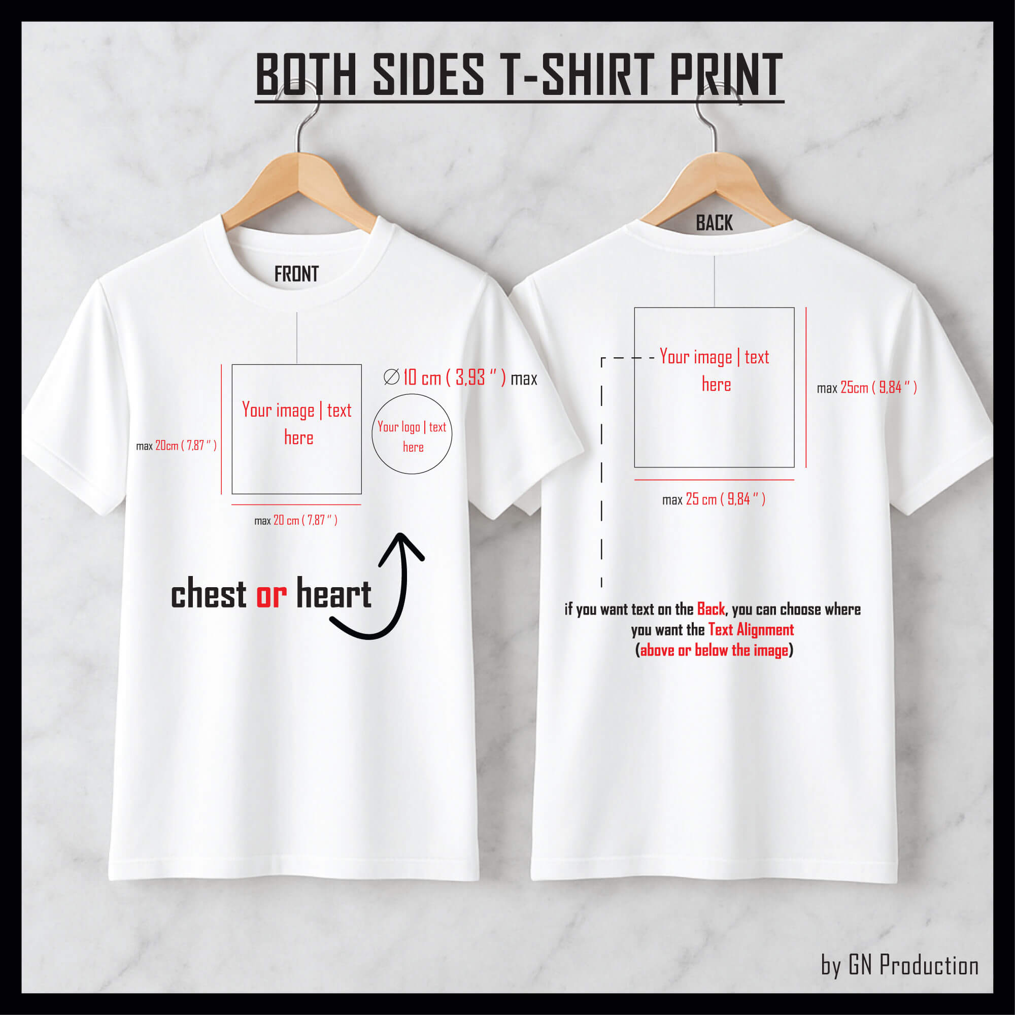 White t-shirt mockup showing customizable print areas on both front and back sides.