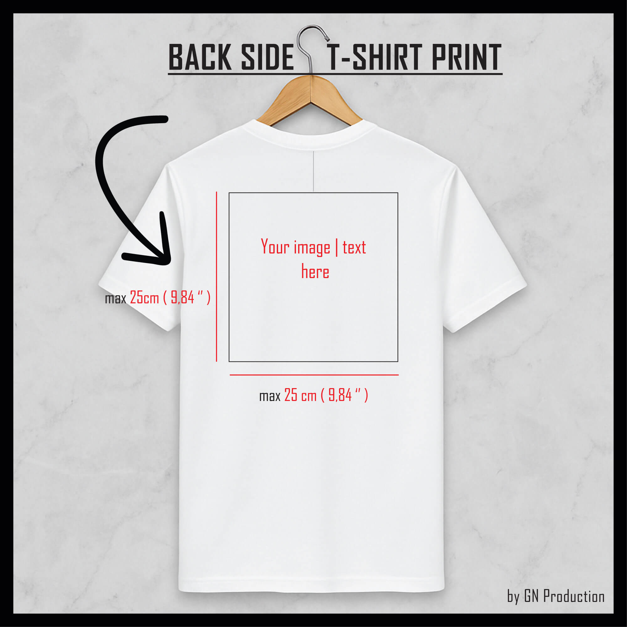 White t-shirt showing maximum back print area for custom design, up to 25x25 cm.