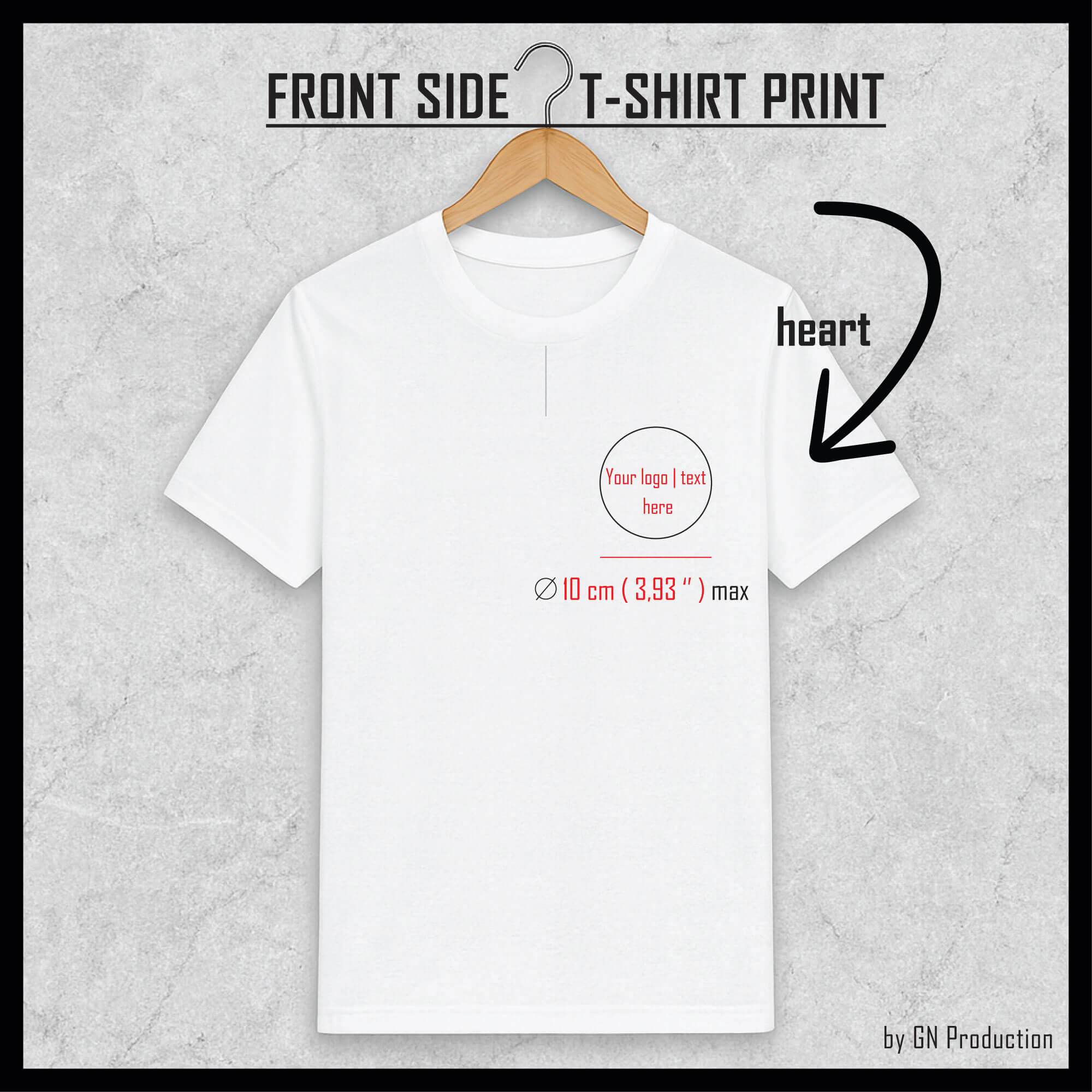 White t-shirt showing custom print area over the heart position, up to 10 cm.