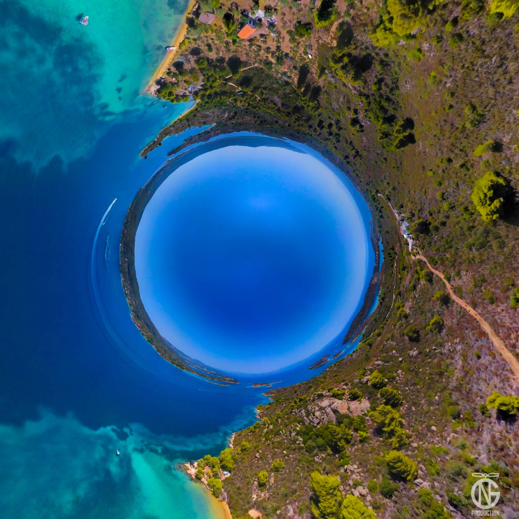 Tiny-planet 360° view of Diaporos private beach: turquoise waters, pine rocks, and golden sand forming a serene cove.