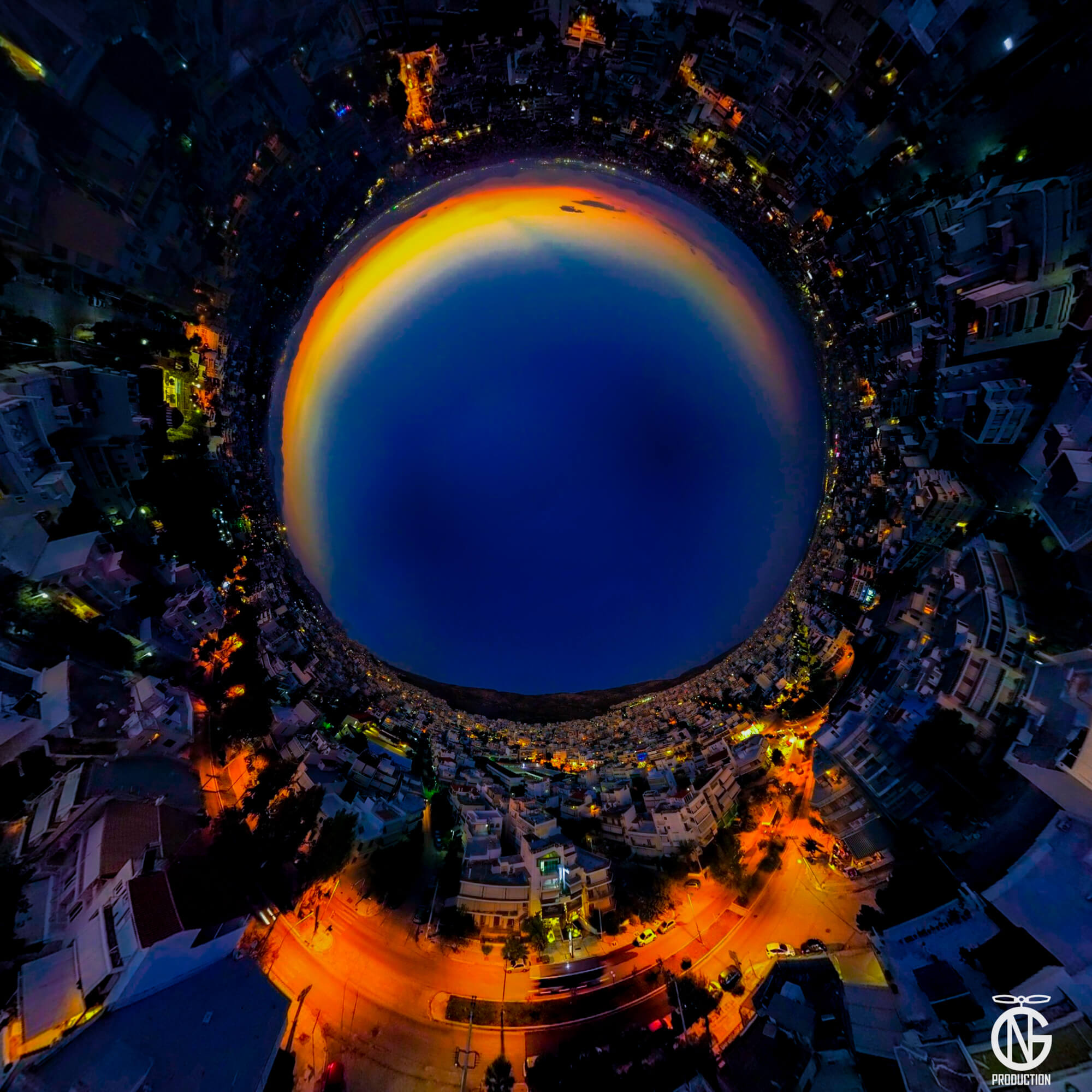 Inverted-night tiny-planet 360° view of Ilioupoli, Athens: urban amber streetlights circling a deep-navy sky