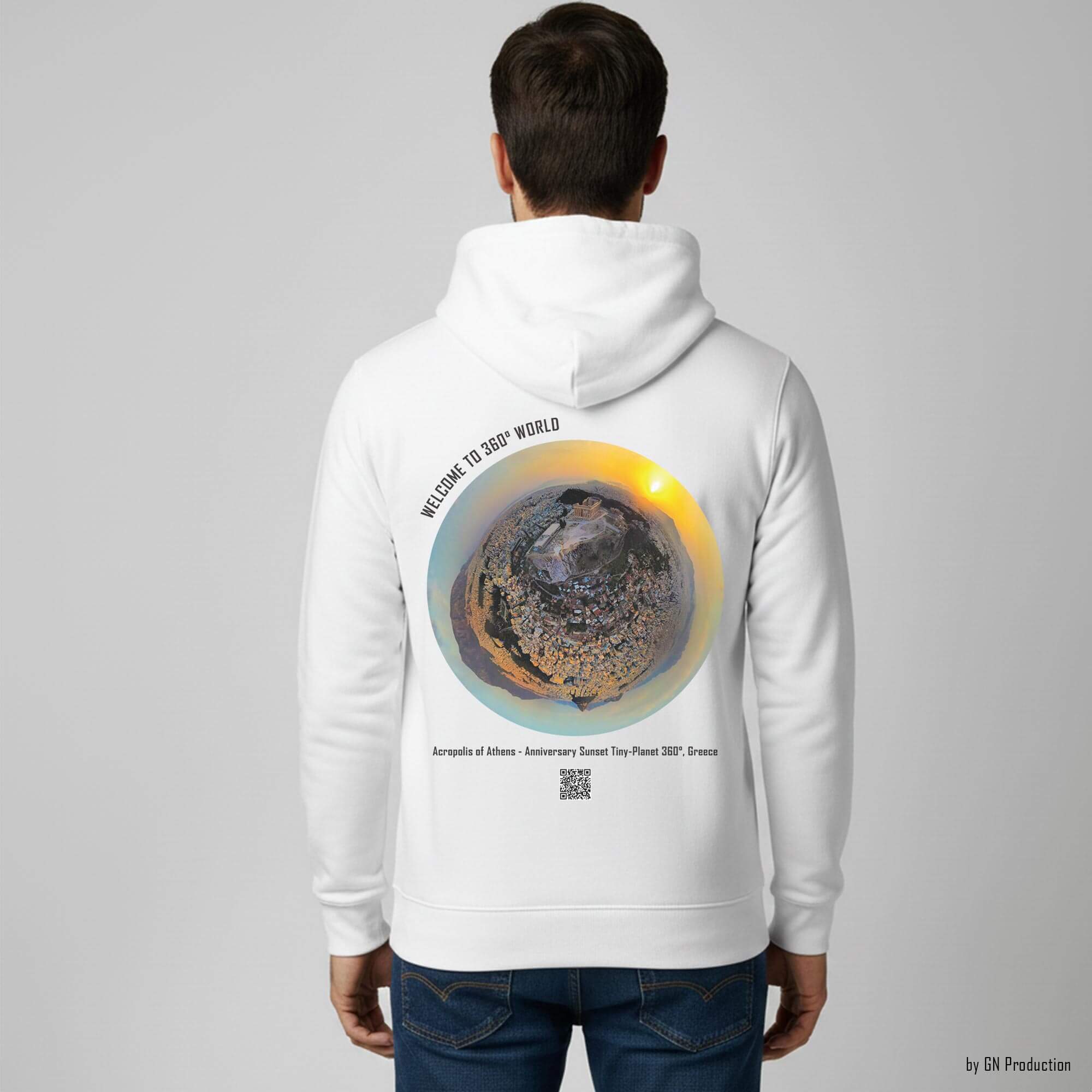 Man wearing white 360° Art Hoodie with Acropolis of Athens Anniversary Tiny-Planet 360° sunset shot print, inspired by Greek history.