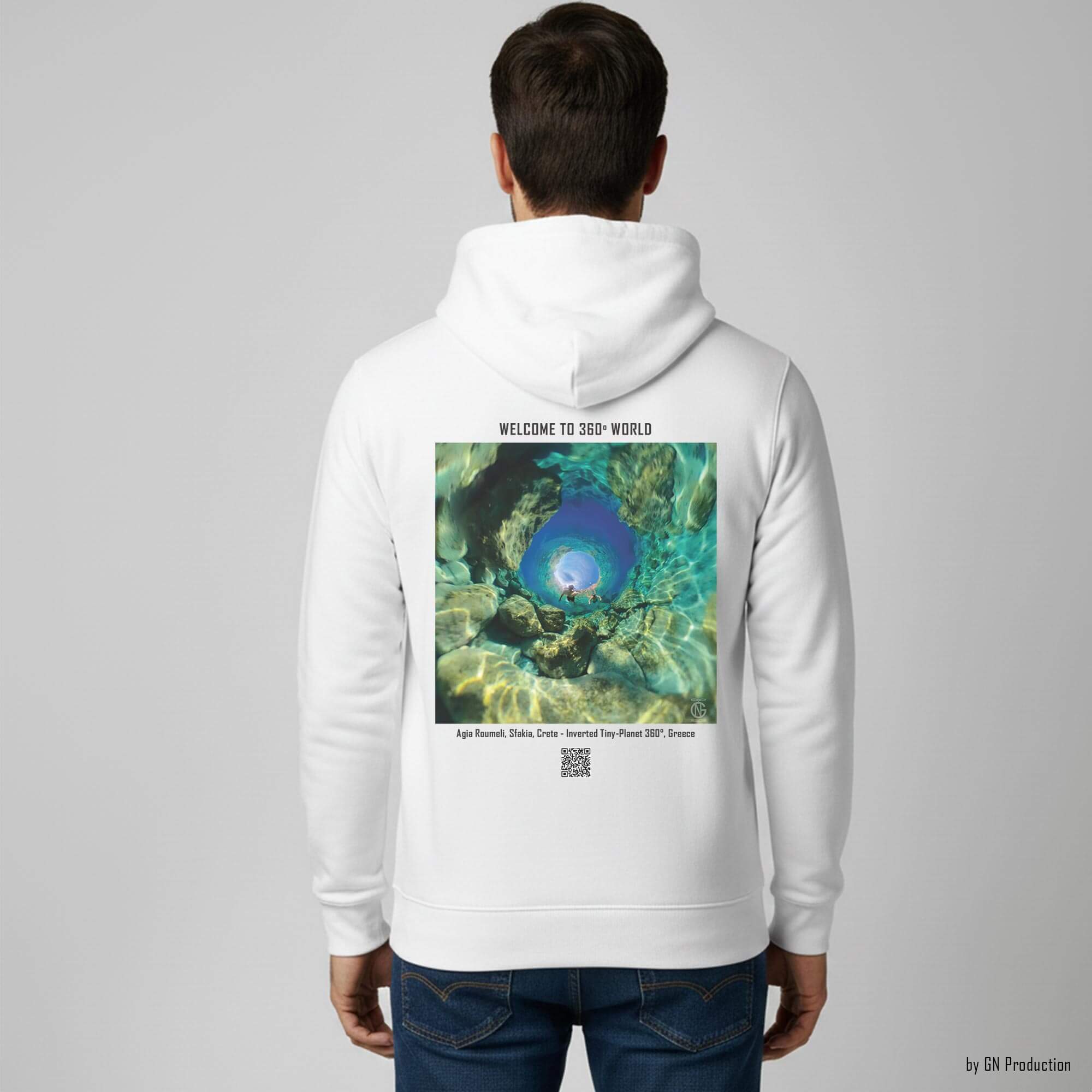 Man wearing white 360° Art Hoodie featuring Agia Roumeli, Sfakia Crete inverted tiny-planet 360° Libyan Sea design.