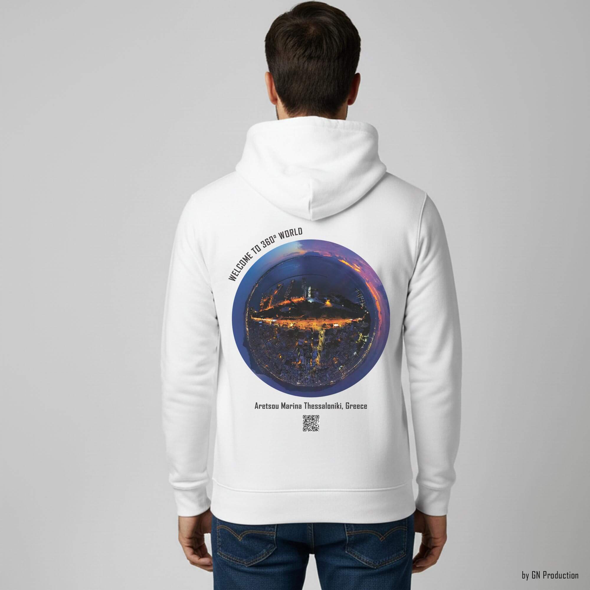 Back view of white GN Production hoodie with Aretsou Marina Thessaloniki night drone tiny-planet 360° artwork, urban coastal glow in circular composition.