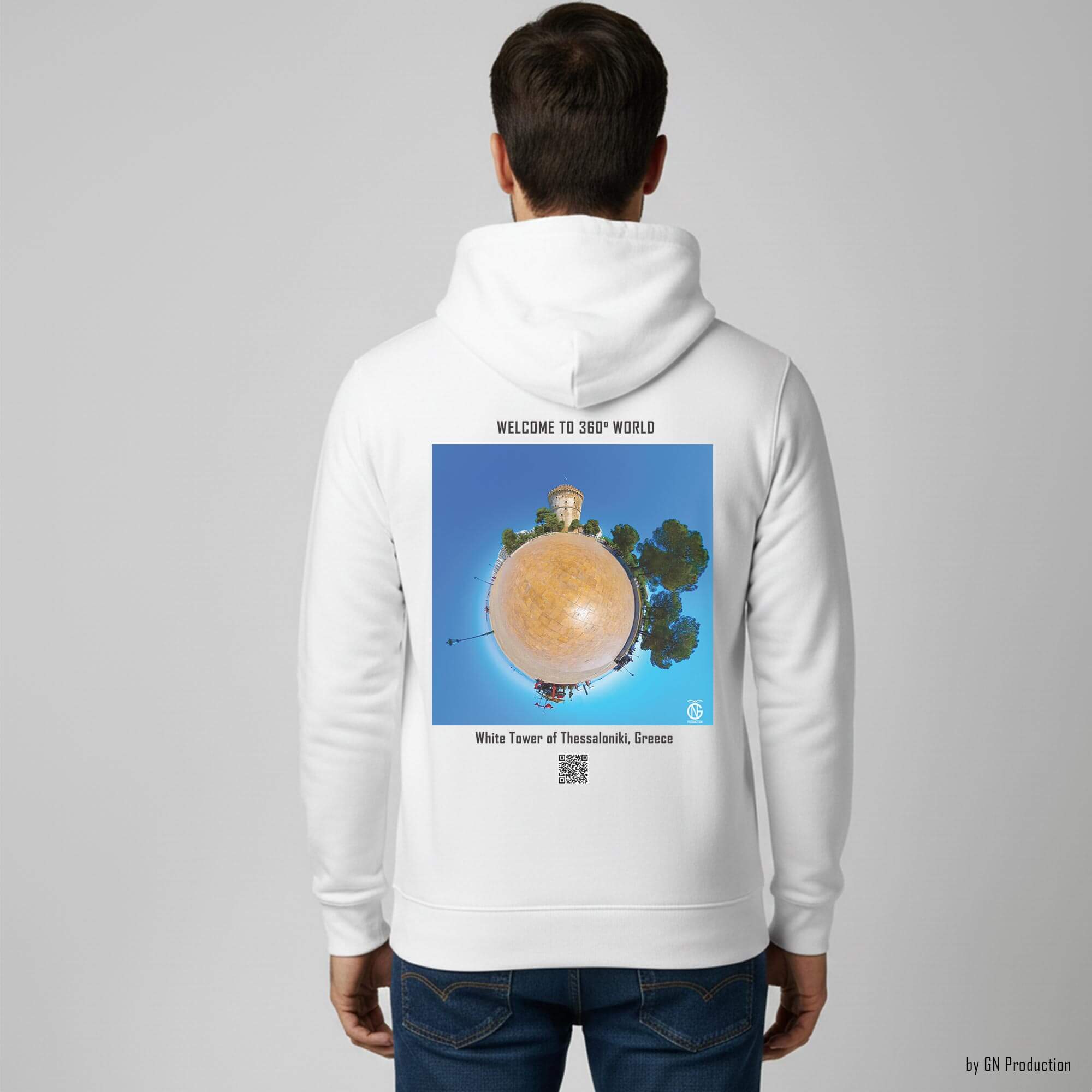 Man wearing white White Tower Thessaloniki tiny-planet 360° art hoodie with urban waterfront landmark artwork.