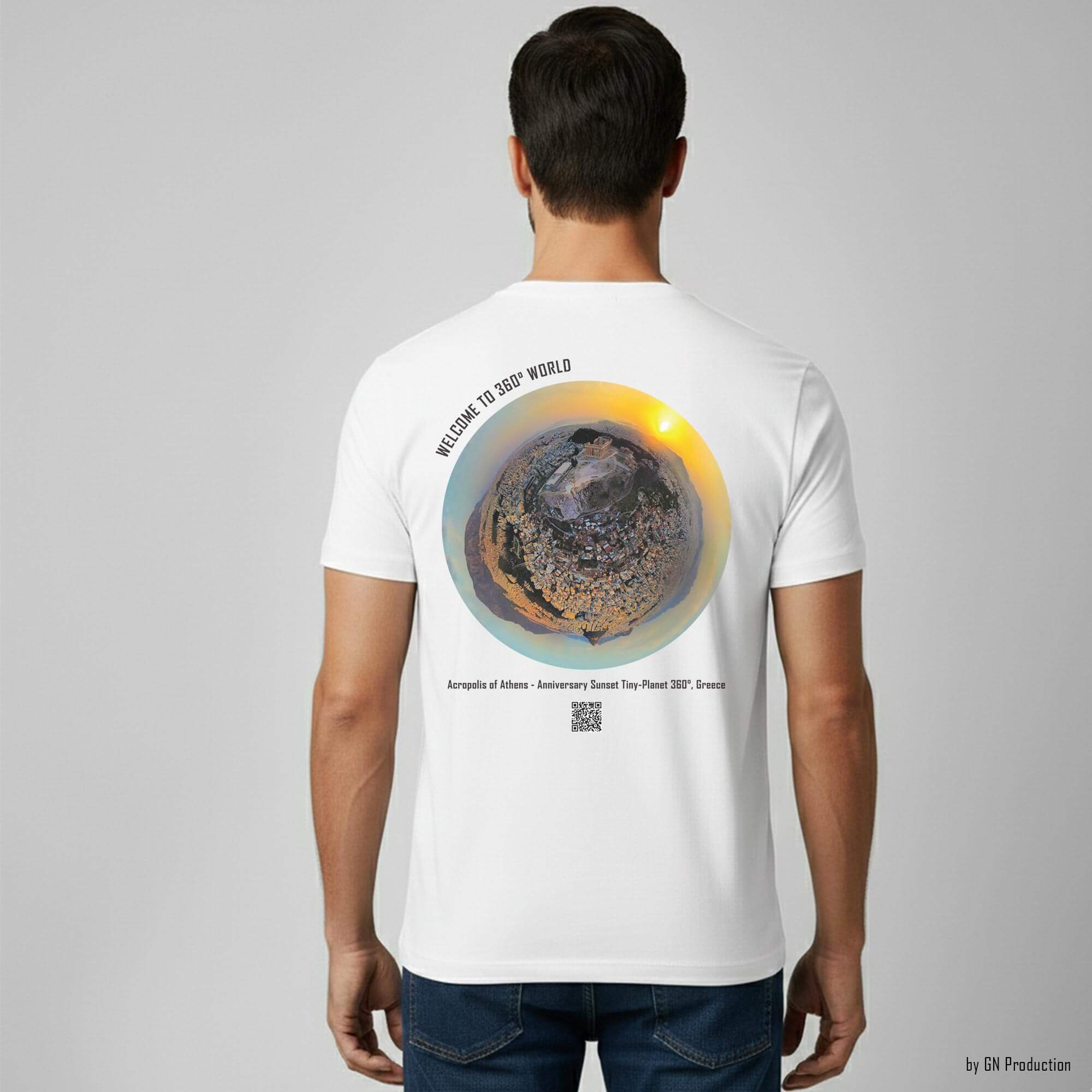 Man model wearing white art t-shirt with Acropolis of Athens anniversary sunset tiny-planet 360° artwork, back view, Greece