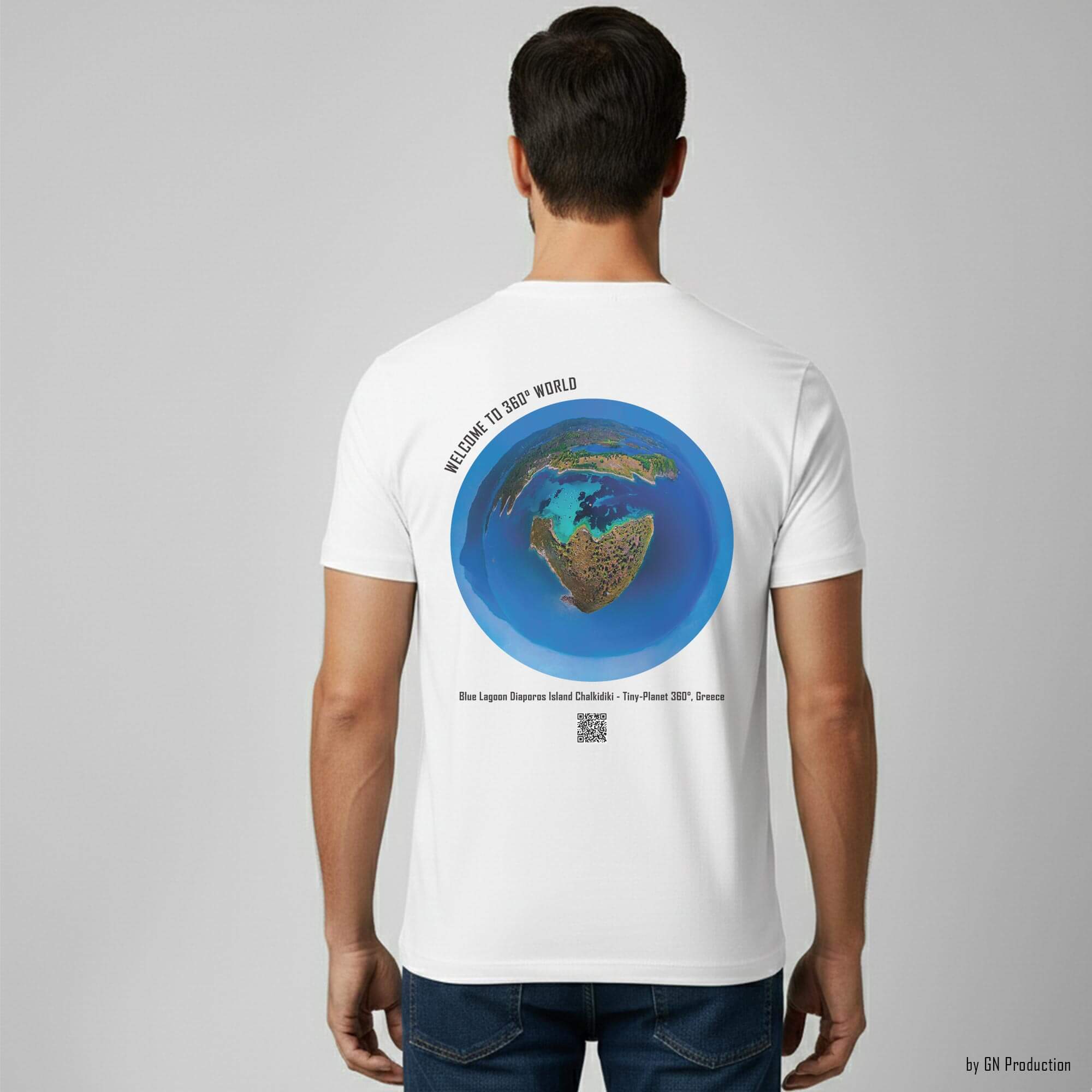 Man wearing white art t-shirt with Blue Lagoon Diaporos Island Chalkidiki tiny-planet 360° print on the back