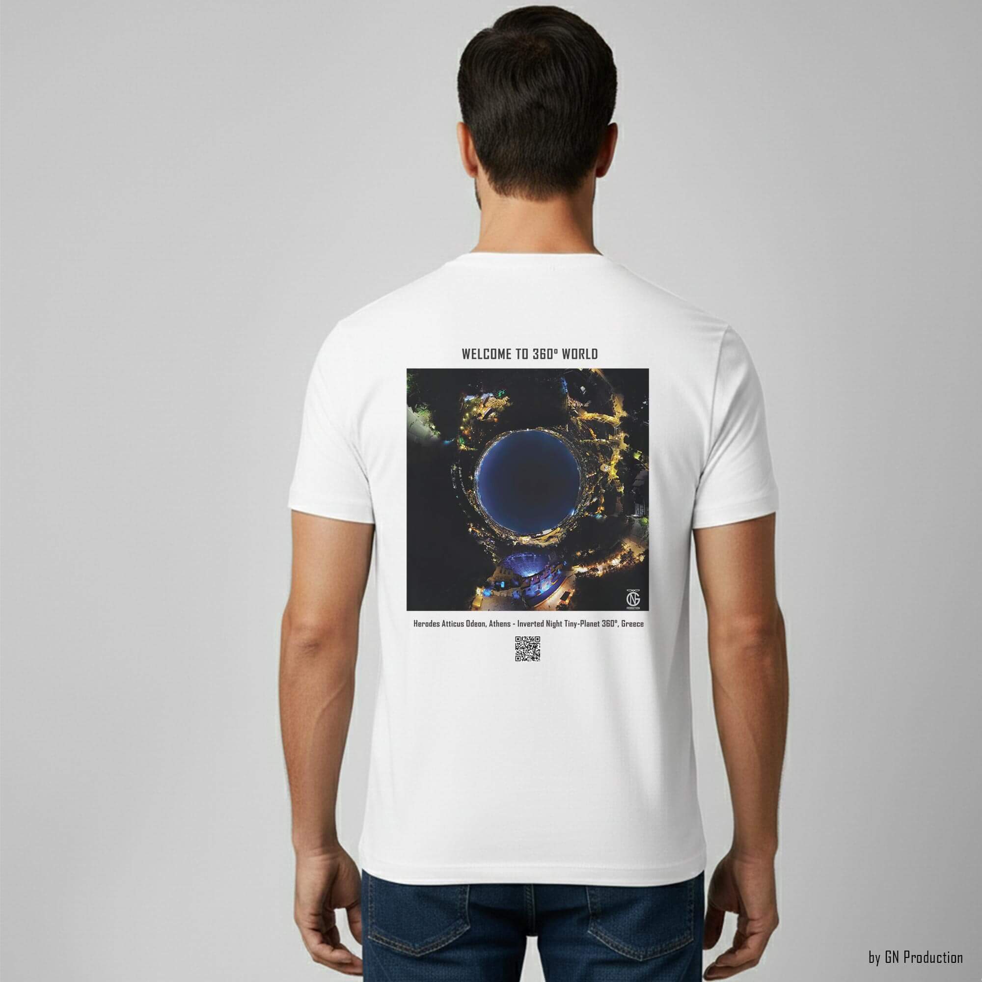 Man model wearing white art T-shirt with inverted night tiny-planet 360° artwork of Herodes Atticus Odeon, Athens.
