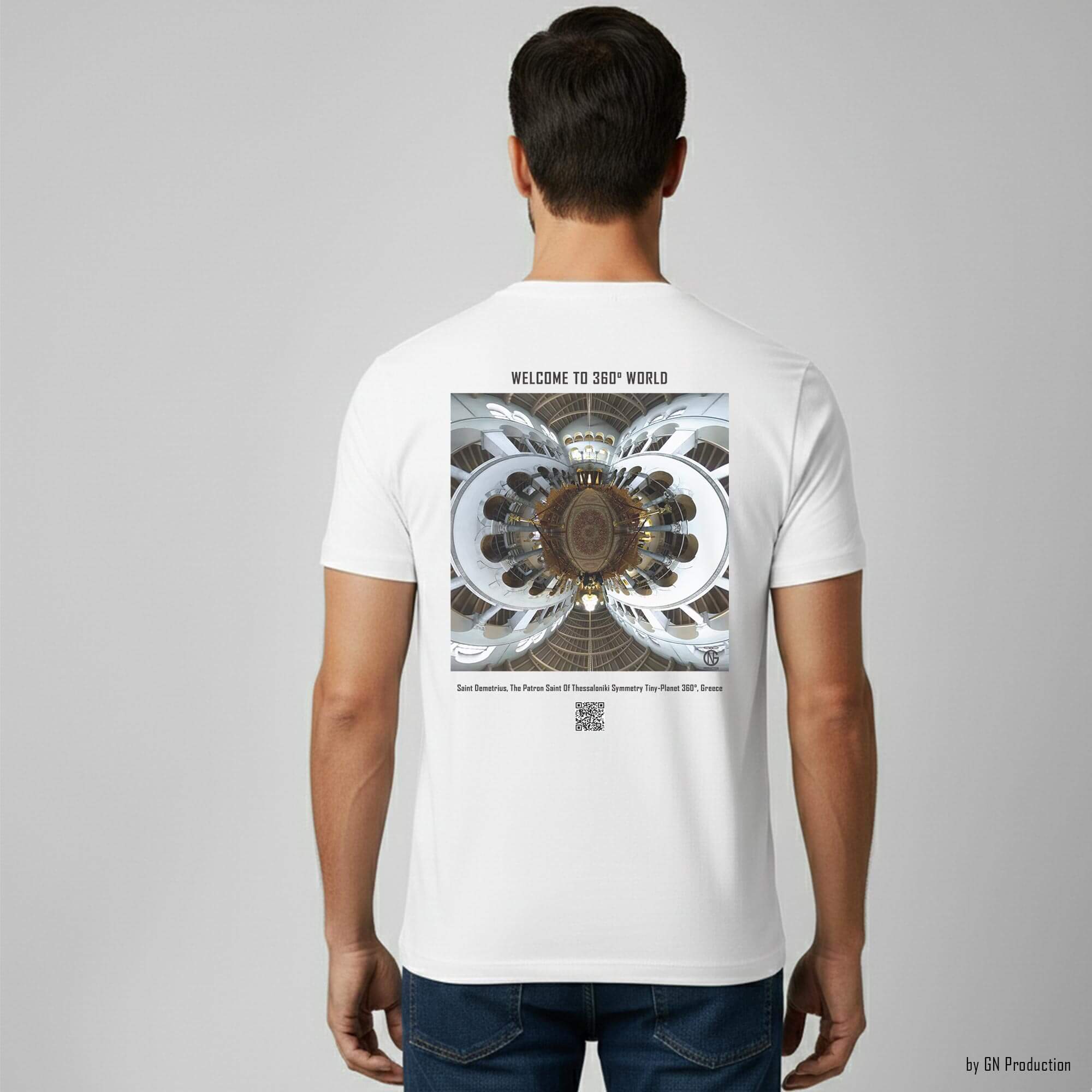 Man model wearing white art t-shirt with Saint Demetrius Symmetry Tiny-Planet 360° print on the back, Thessaloniki, Greece.