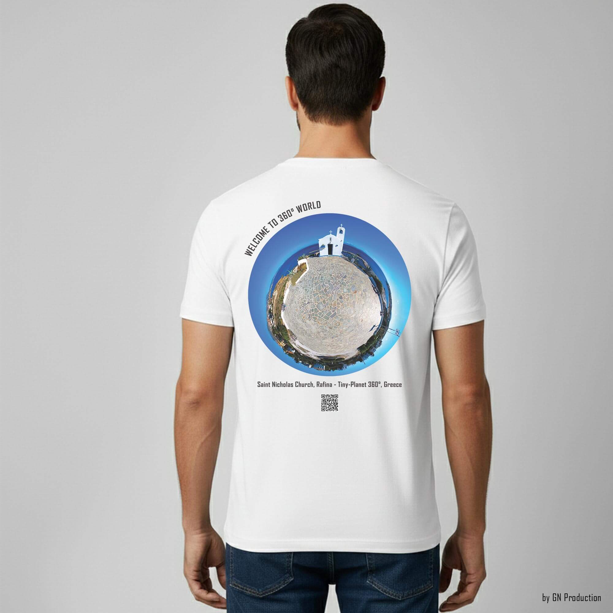 Man model wearing white art T-shirt with Saint Nicholas Church, Rafina tiny-planet 360° artwork on the back.