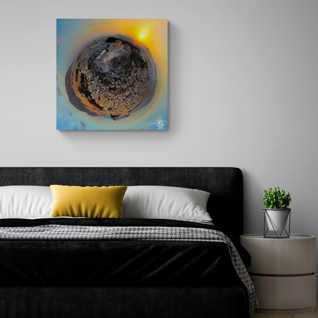 Bedroom interior with Acropolis 360° canvas — handmade in Greece