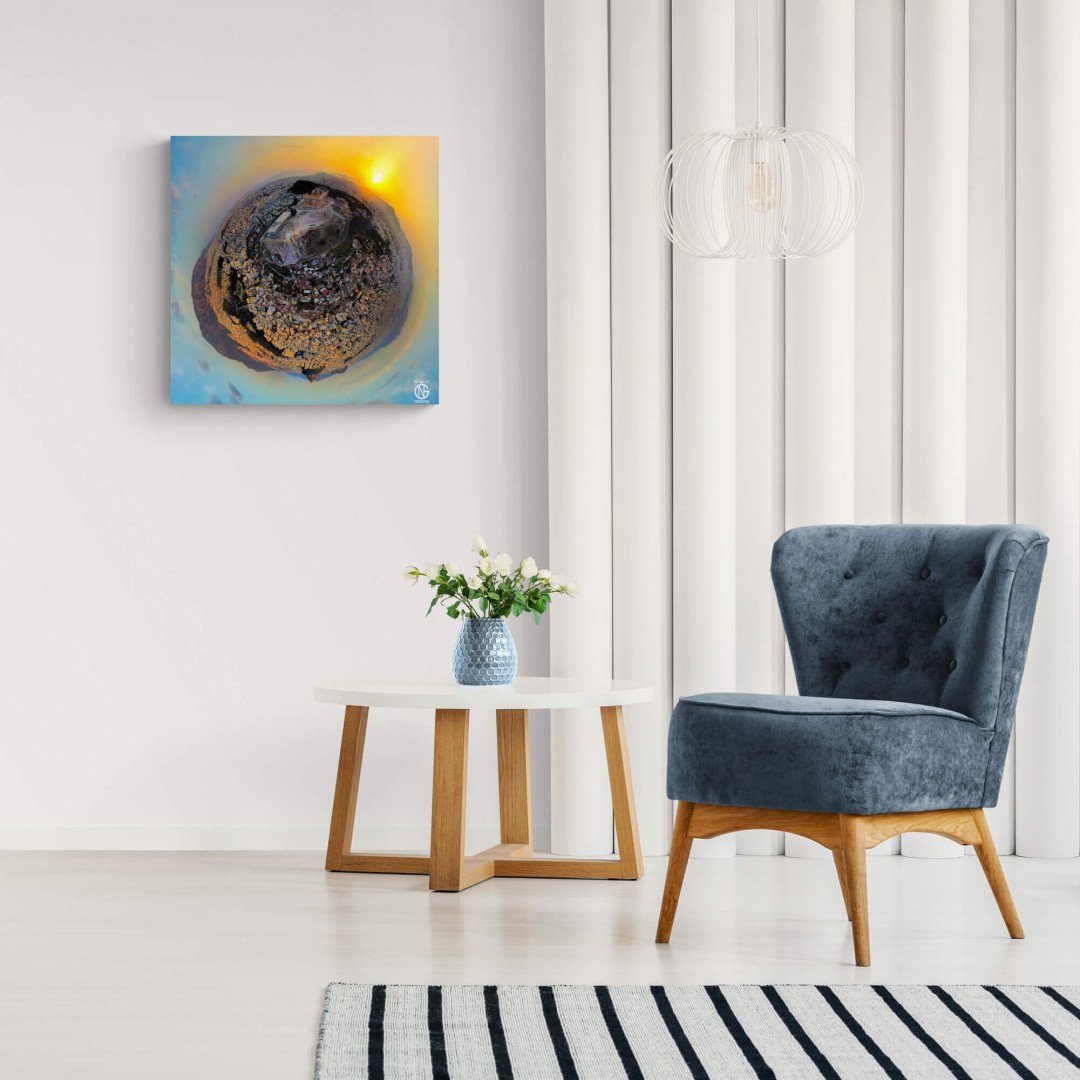 Bright living room with Acropolis 360° canvas — warm sunset palette