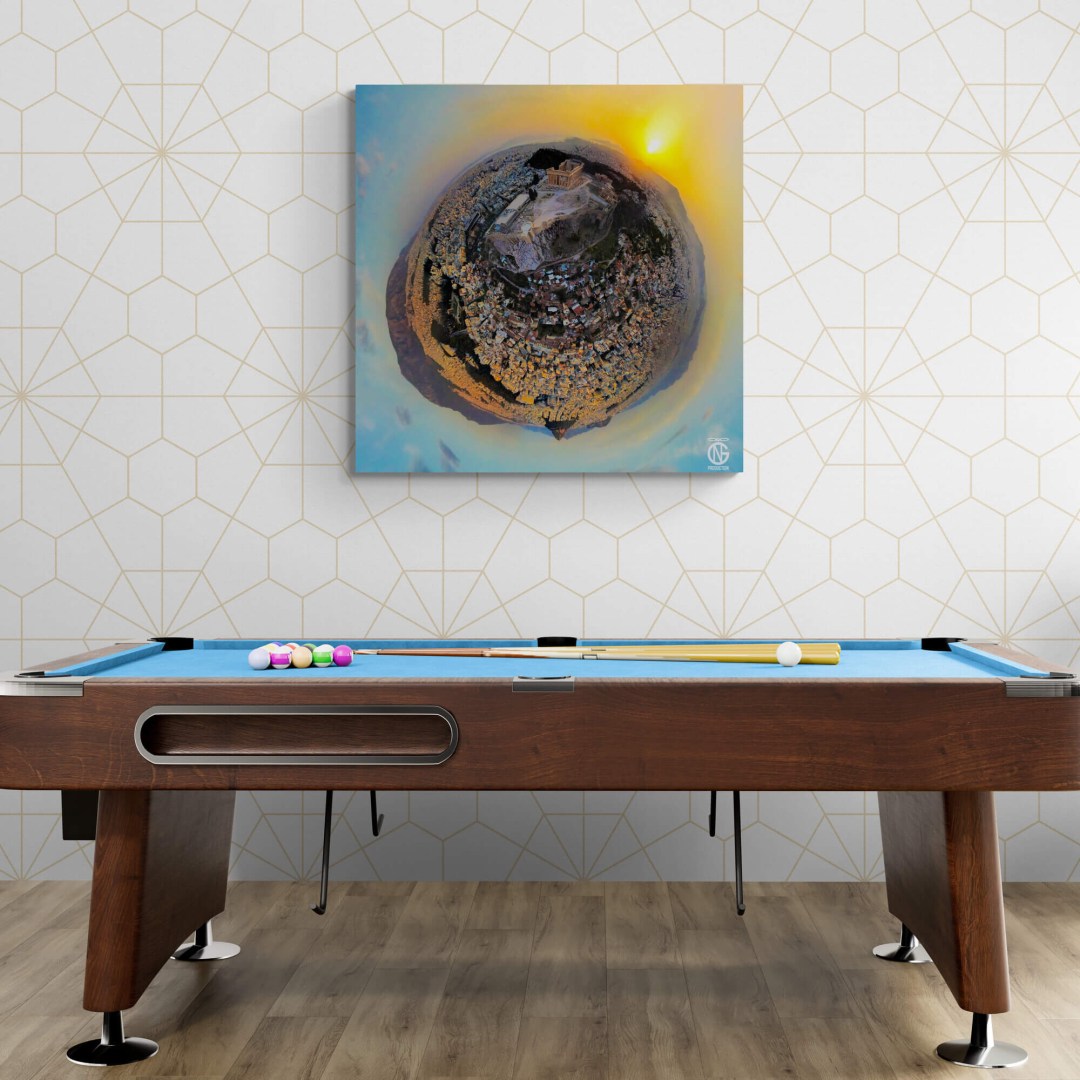 Game room wall with 360° Acropolis canvas — premium Greek wall art