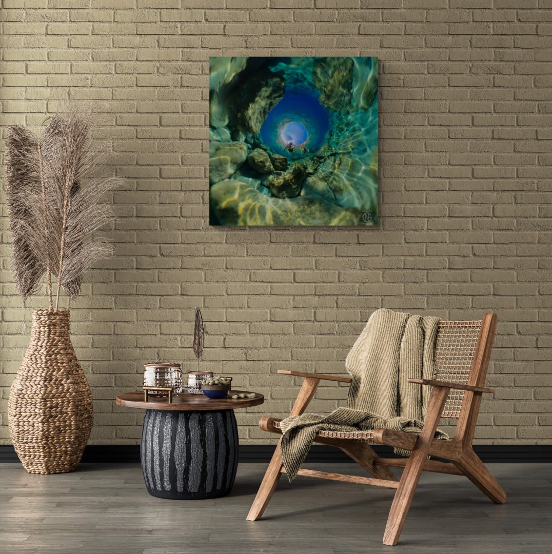 Greek seascape canvas art in bohemian interior – 360° design