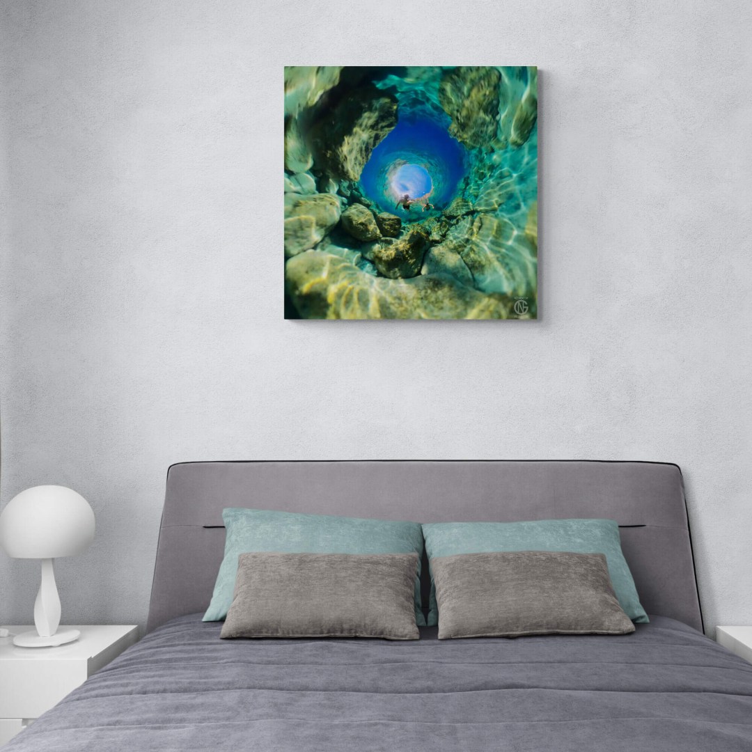 360° canvas wall art in modern bedroom – inspired by Agia Roumeli Crete