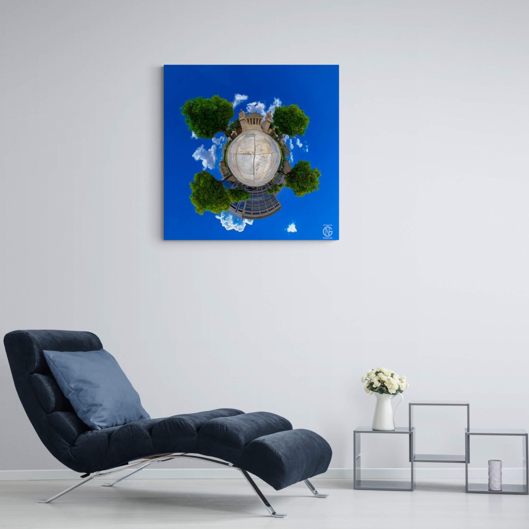 Athens blue-sky 360° canvas in minimalist lounge — urban Greek wall art