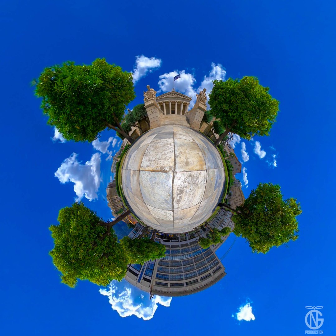 Tiny-planet 360° view of the Academy of Athens on Akadimias Street—neoclassical columns/pediments forming an urban ring.