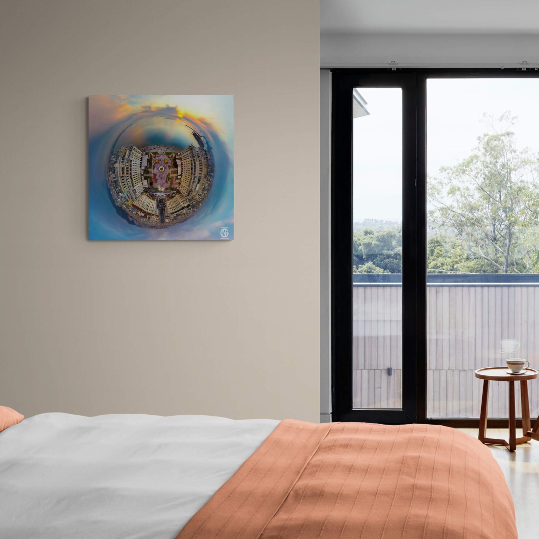 Bedroom interior with urban 360° canvas — Aristotelous Square, Thessaloniki