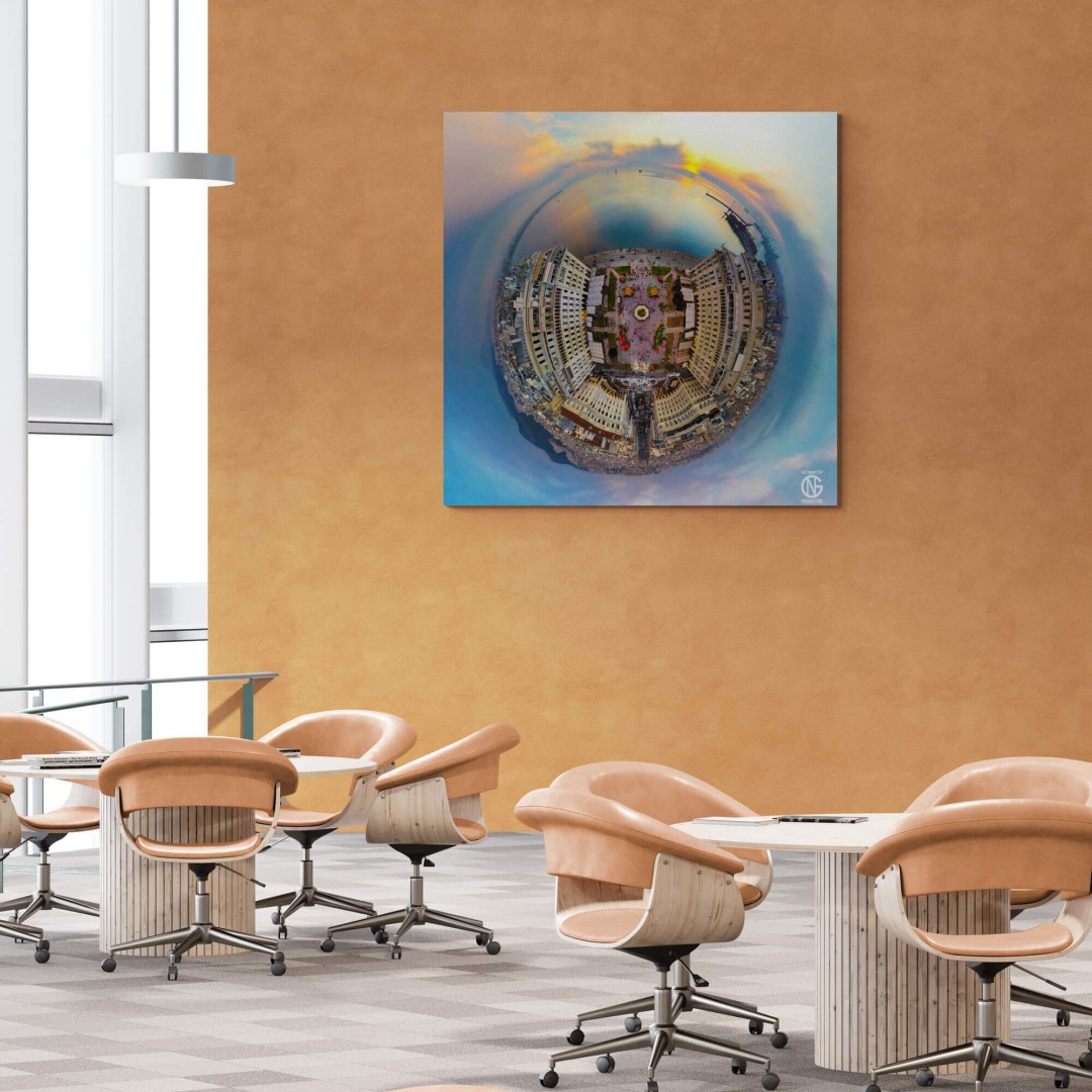 Study/library with urban 360° canvas — Aristotelous Square, Thessaloniki