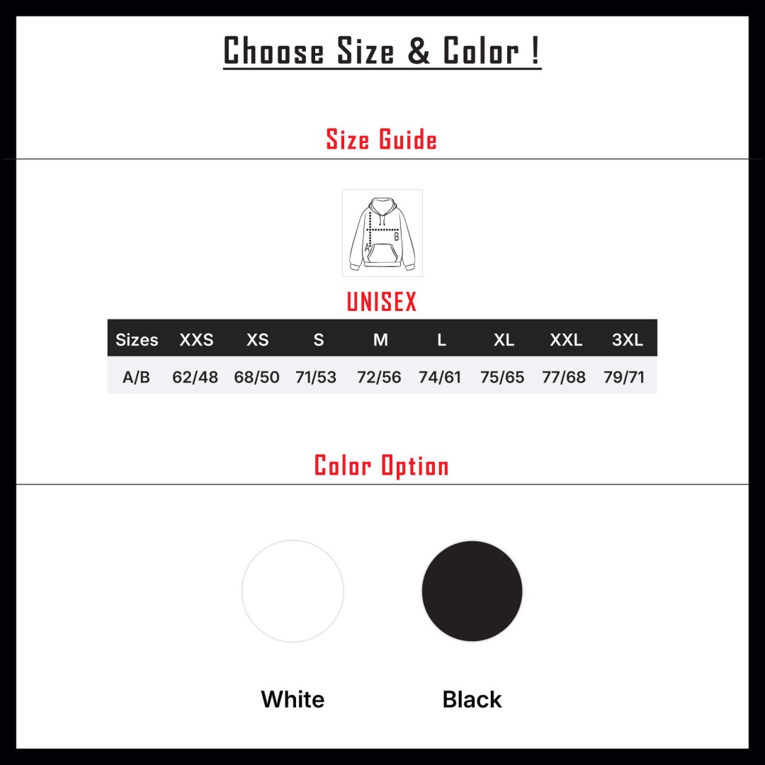 Unisex 360° Art Hoodie size guide with measurements in cm (A = length, B = chest width) for sizes XXS to 3XL, plus white and black color options by GN Production.