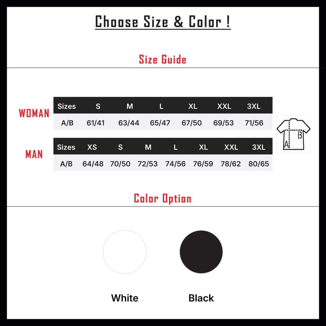 Unisex 360° Art Hoodie size guide with measurements in cm (A = length, B = chest width) for sizes XXS to 3XL, plus white and black color options by GN Production.