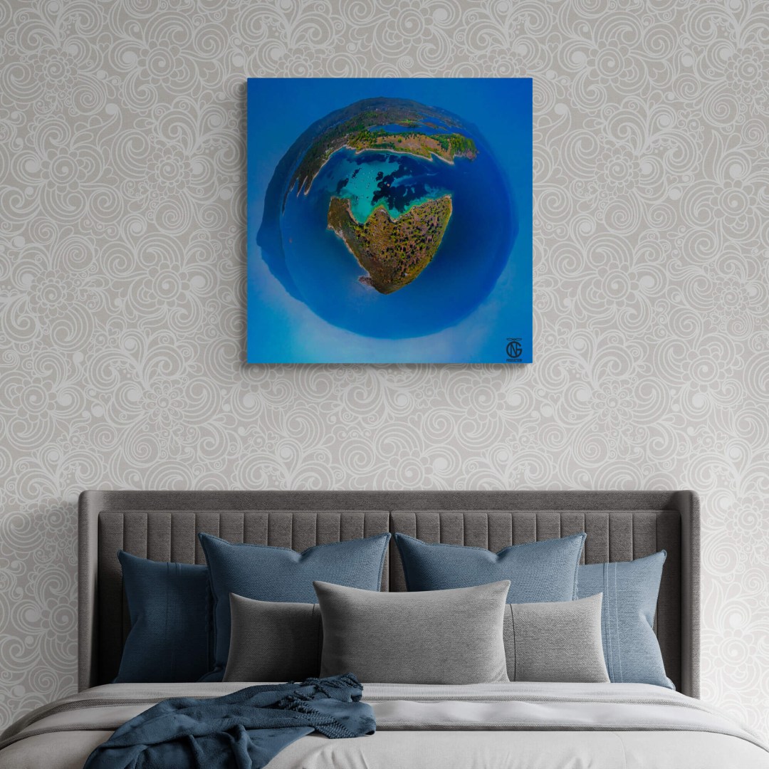 Bedroom interior with Diaporos Blue Lagoon 360° canvas — sea art