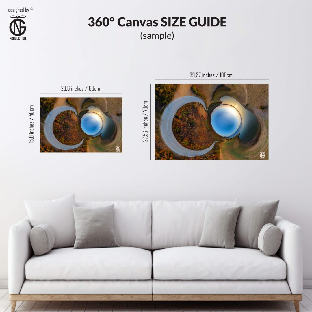 360° tiny-planet canvas size guide showing 60×40 cm and 100×70 cm examples above a white sofa.