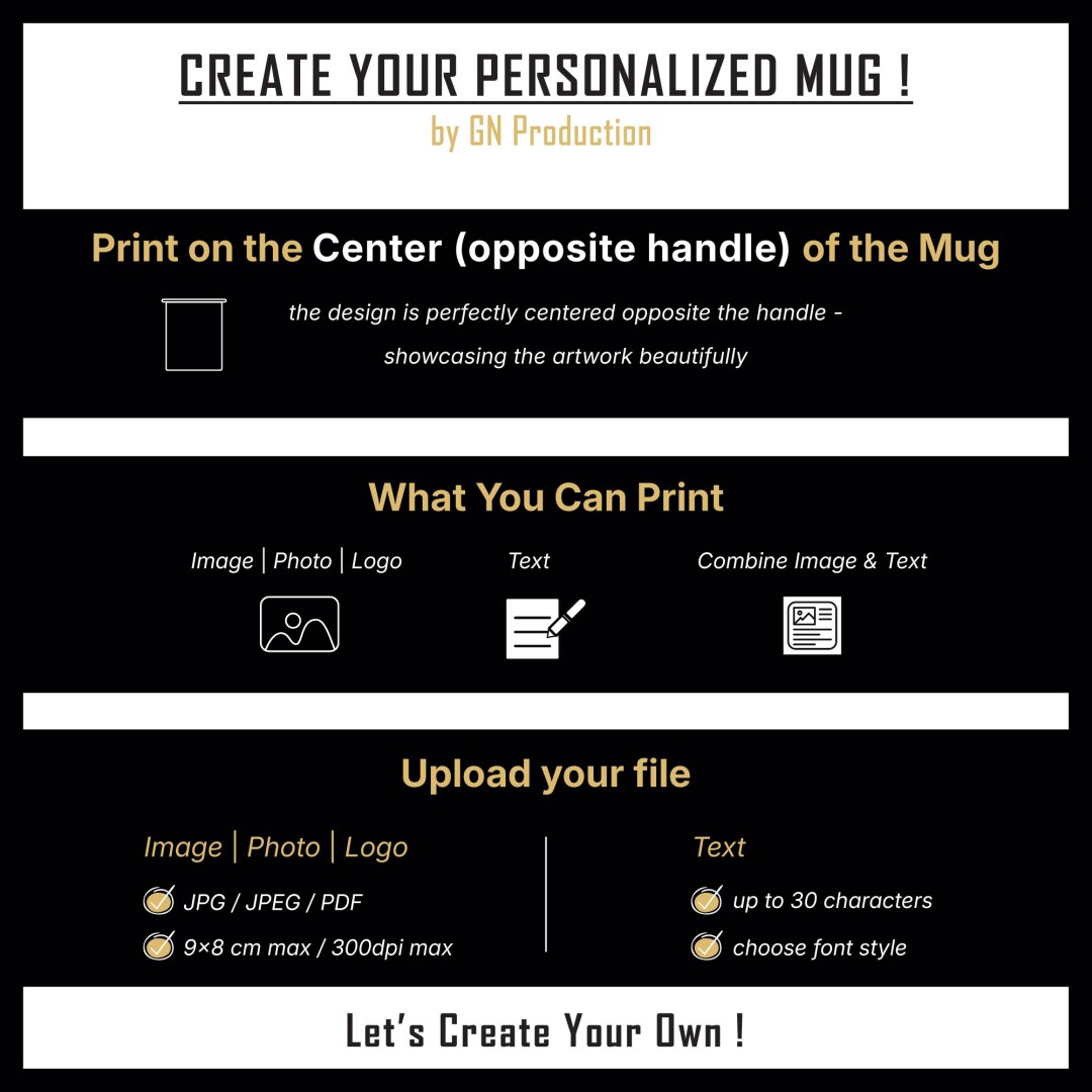 Create your own center print mug – design guidelines with dimensions 9x8 cm for custom image, photo, text, or logo opposite the handle.