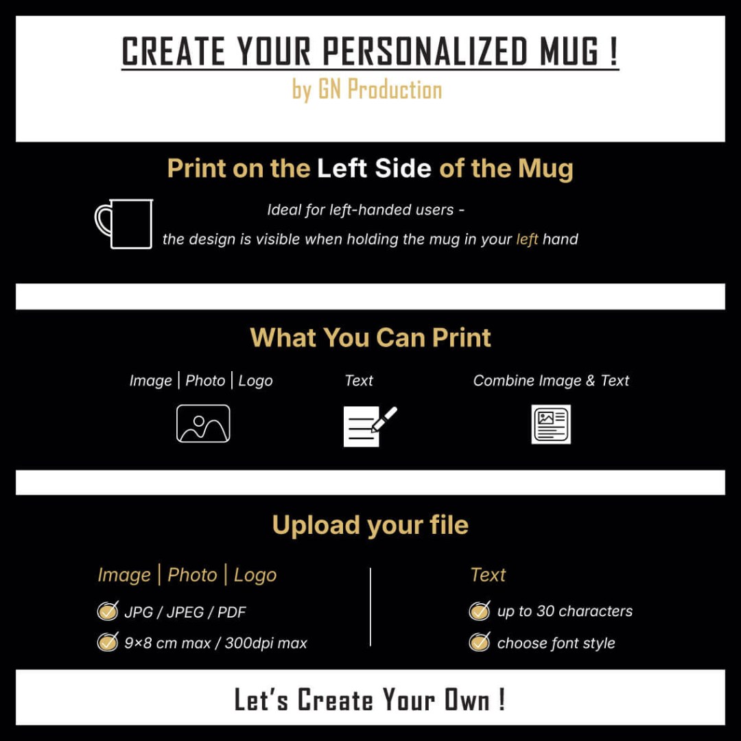 Instruction guide for custom left-handed mug printing — upload image, photo, logo, or text (max 9x8 cm, 300dpi). Personalized mug creation by GN Production.