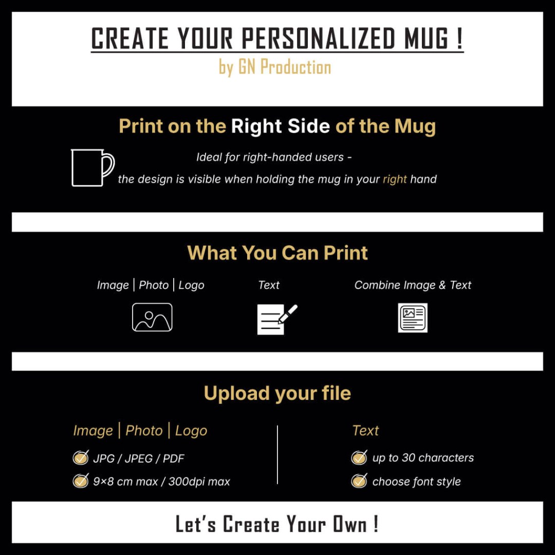 Instruction guide for custom right-handed mug printing — upload image, photo, logo, or text (max 9x8 cm, 300dpi). Personalized mug design by GN Production.