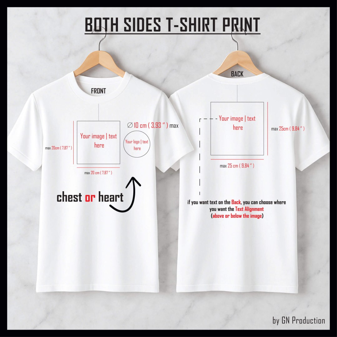 White t-shirt mockup showing customizable print areas on both front and back sides.