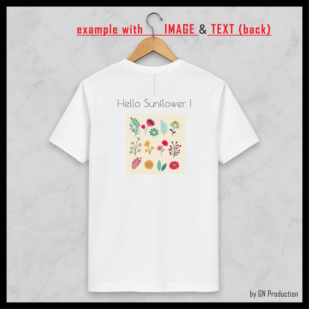 White t-shirt with custom image and text printed on the back side.