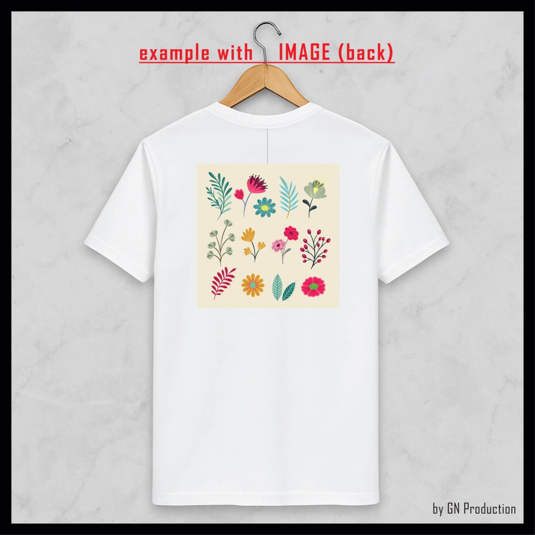 White t-shirt on wooden hanger with custom image print on the back side.