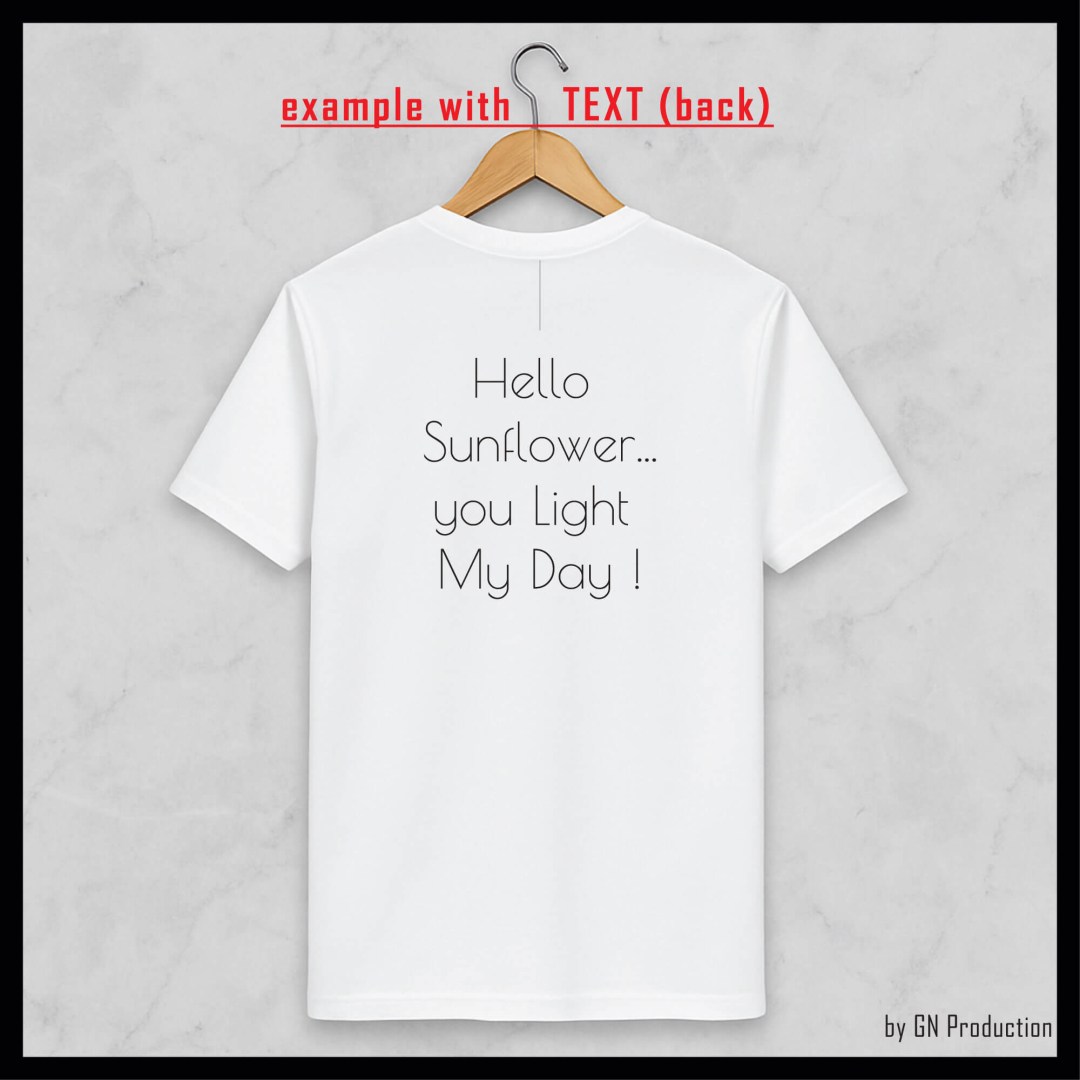 White t-shirt with custom text print design on the back side.
