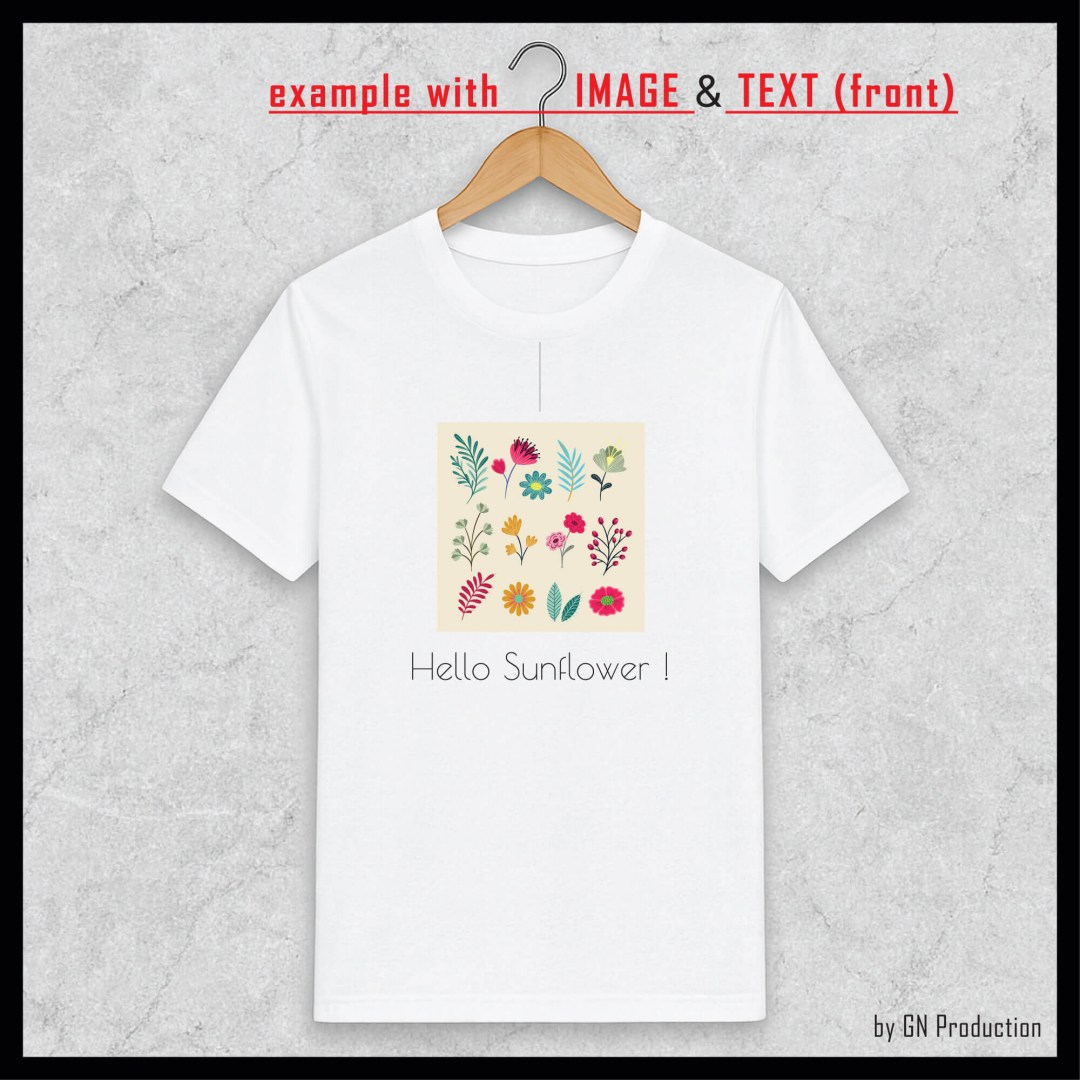 White t-shirt on hanger with custom image and text printed on the front side.