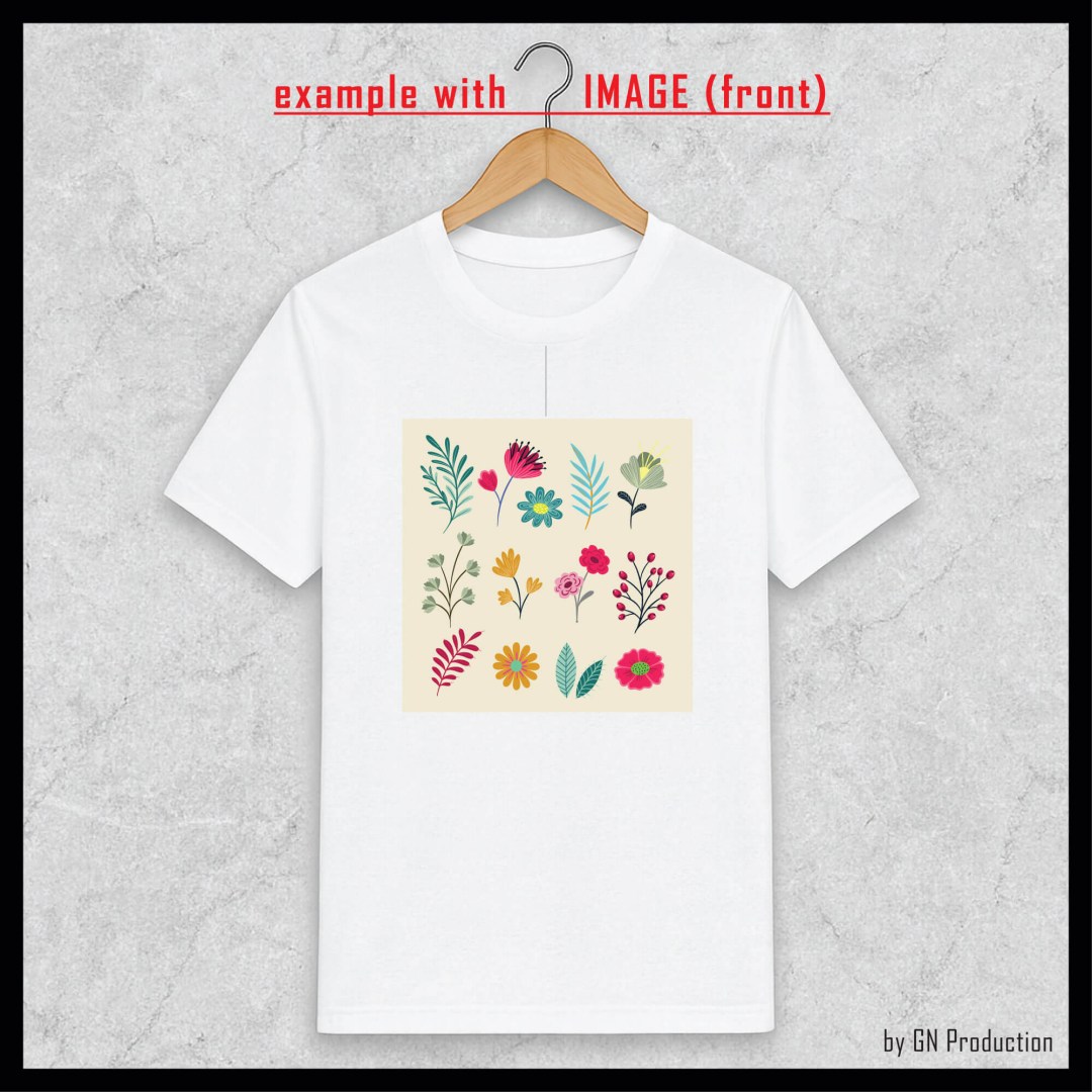 White t-shirt on wooden hanger with custom image print on the front side