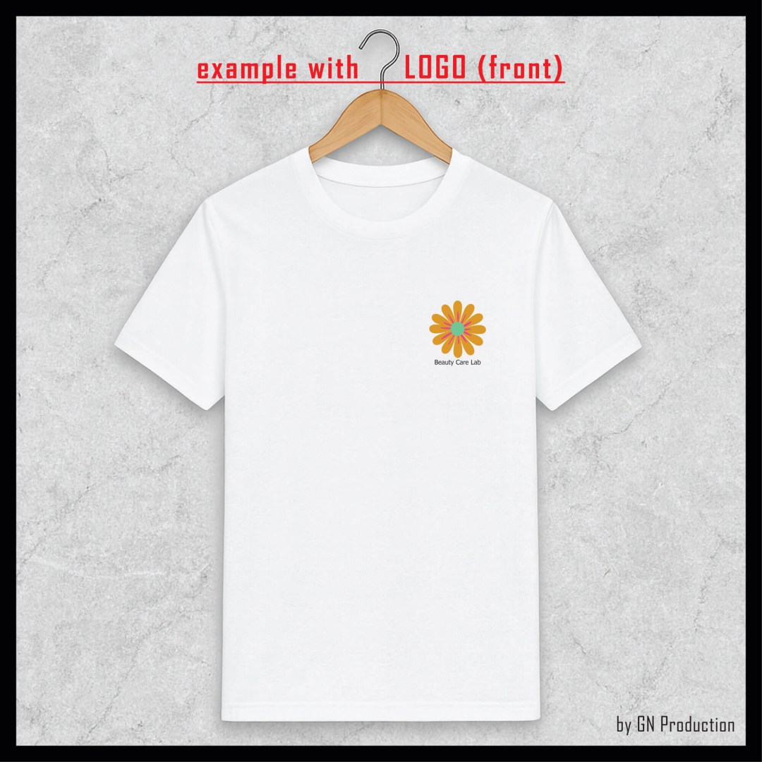 White t-shirt with small custom logo print on the front side chest area.