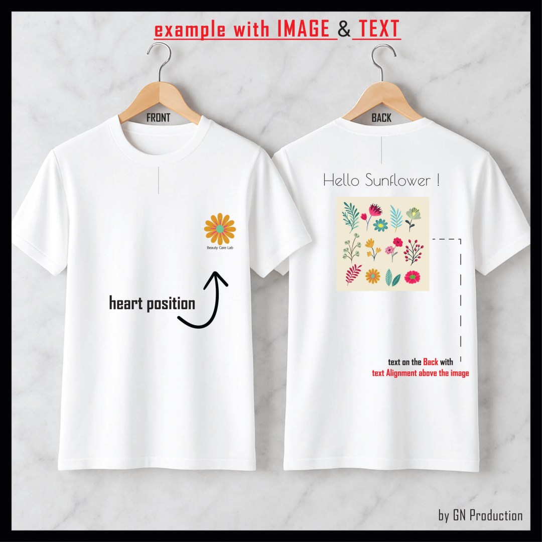 White t-shirt with custom logo on front and image with text printed on back side.