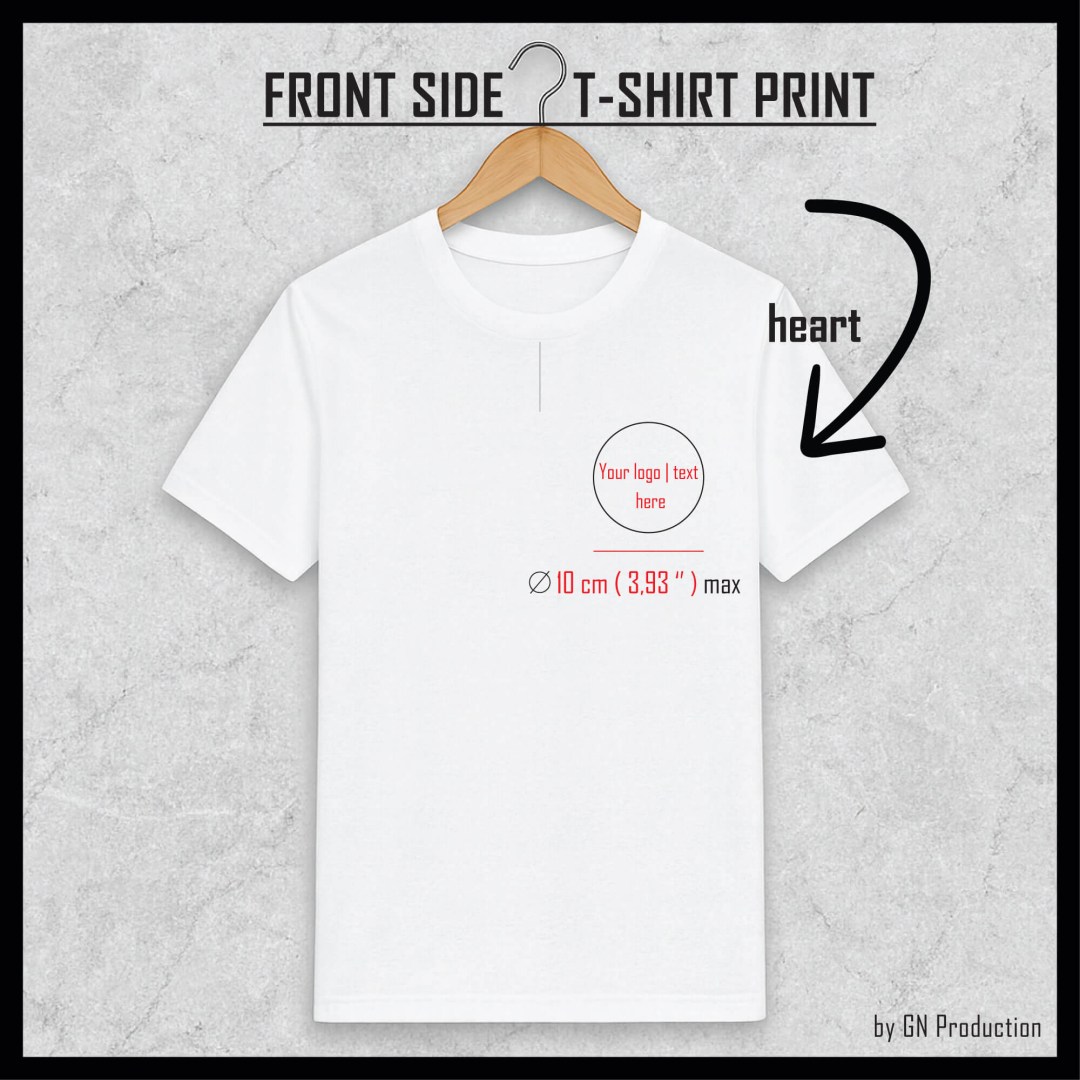 White t-shirt showing custom print area over the heart position, up to 10 cm.