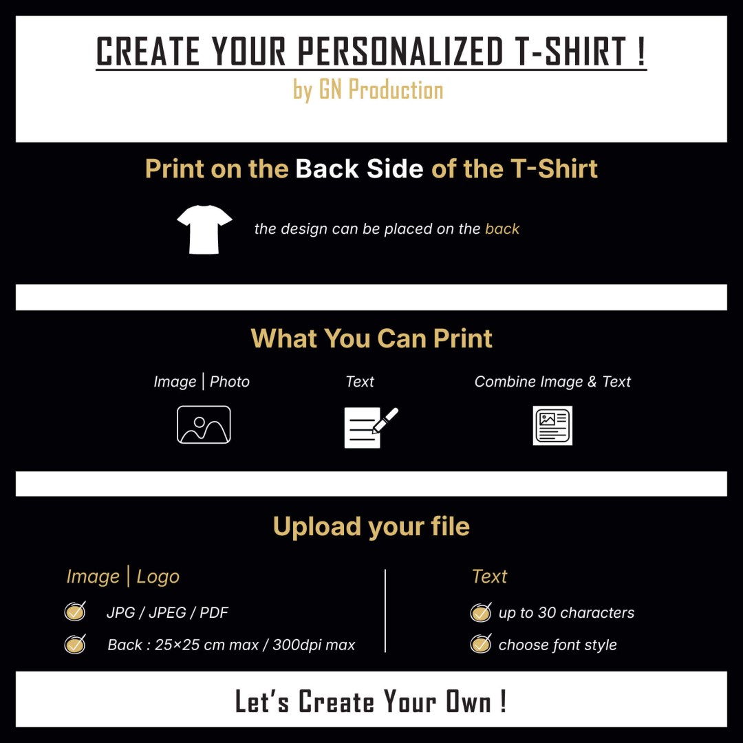 Custom t-shirt printing guide showing options for back side design with image, text, or combined print.
