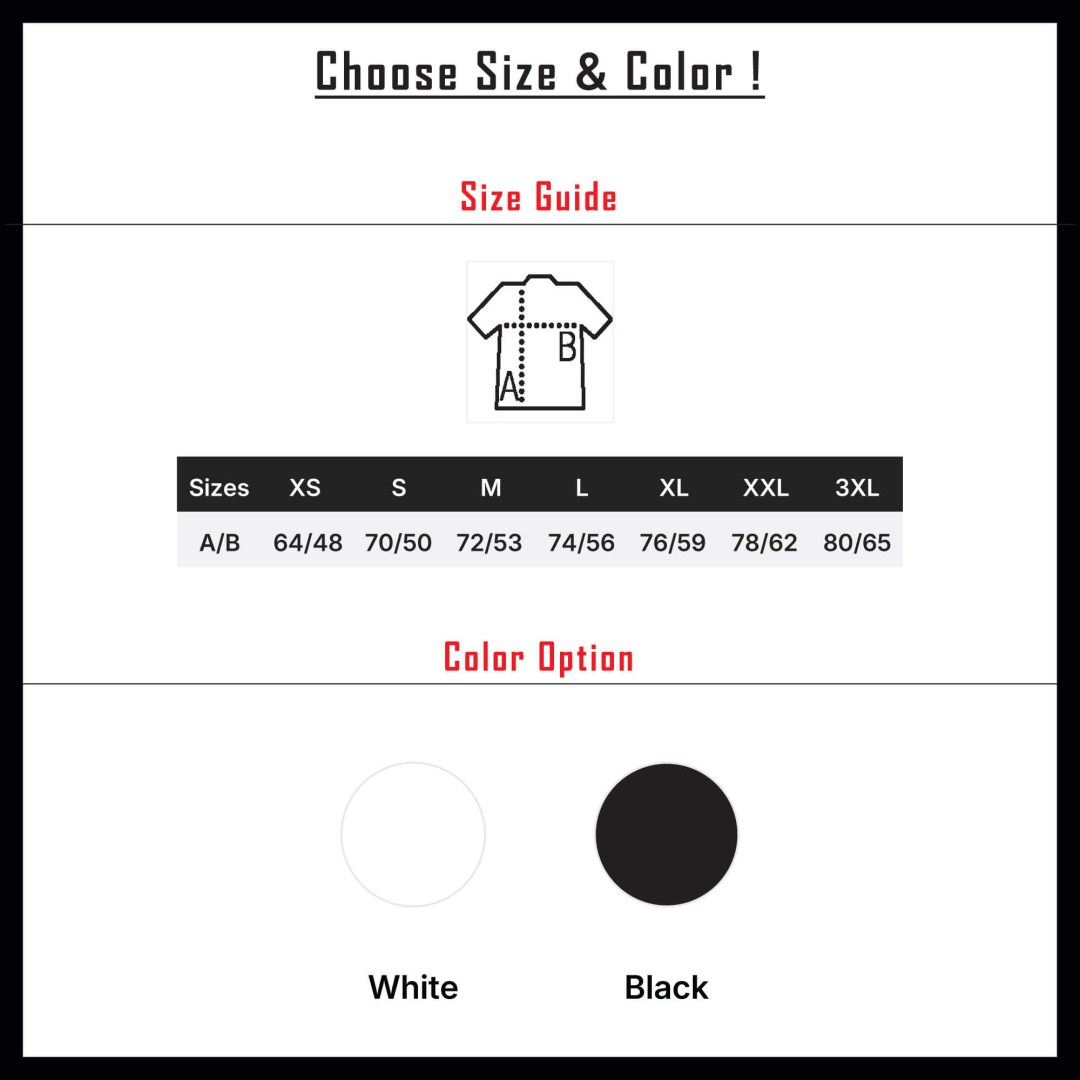 T-shirt customization guide showing available sizes from XS to 3XL and color options white or black.