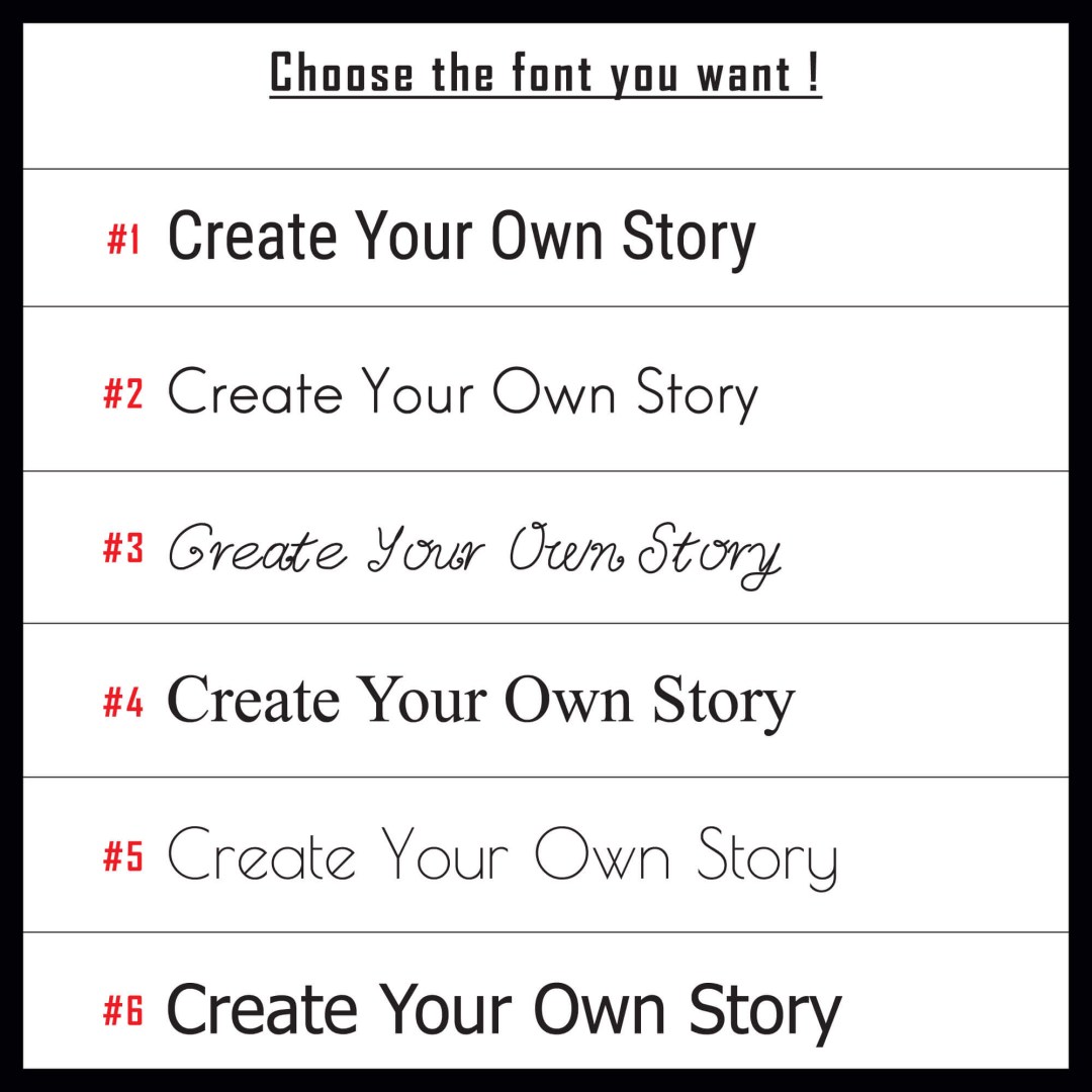 Font selection guide for custom text printing on t-shirts with six different style options.