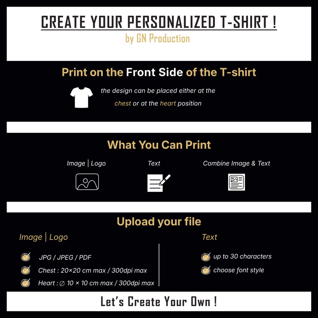Custom t-shirt printing guide with image, logo, text and combined design options for the front side.