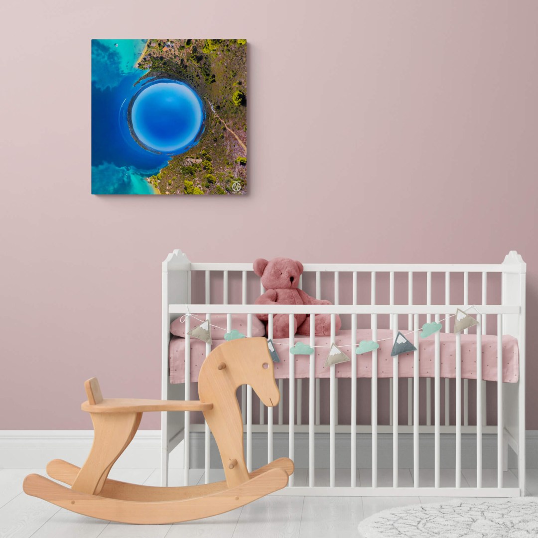 Nursery room with soothing blue 360° seascape canvas — Diaporos Island